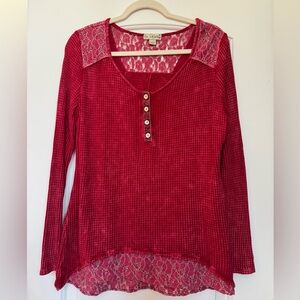 Live and Let Live Red Button-Front Lace and Waffle Knit Top